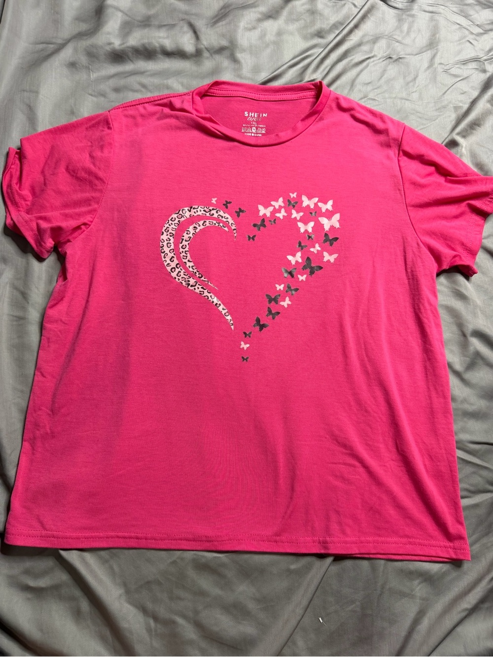 SHEIN Hot Pink Short Sleeve Tee with Butterfly Heart Graphic